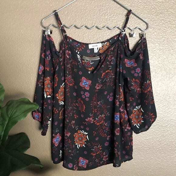 Meraki Black Floral Cold Shoulder Top - Picture 1 of 4
